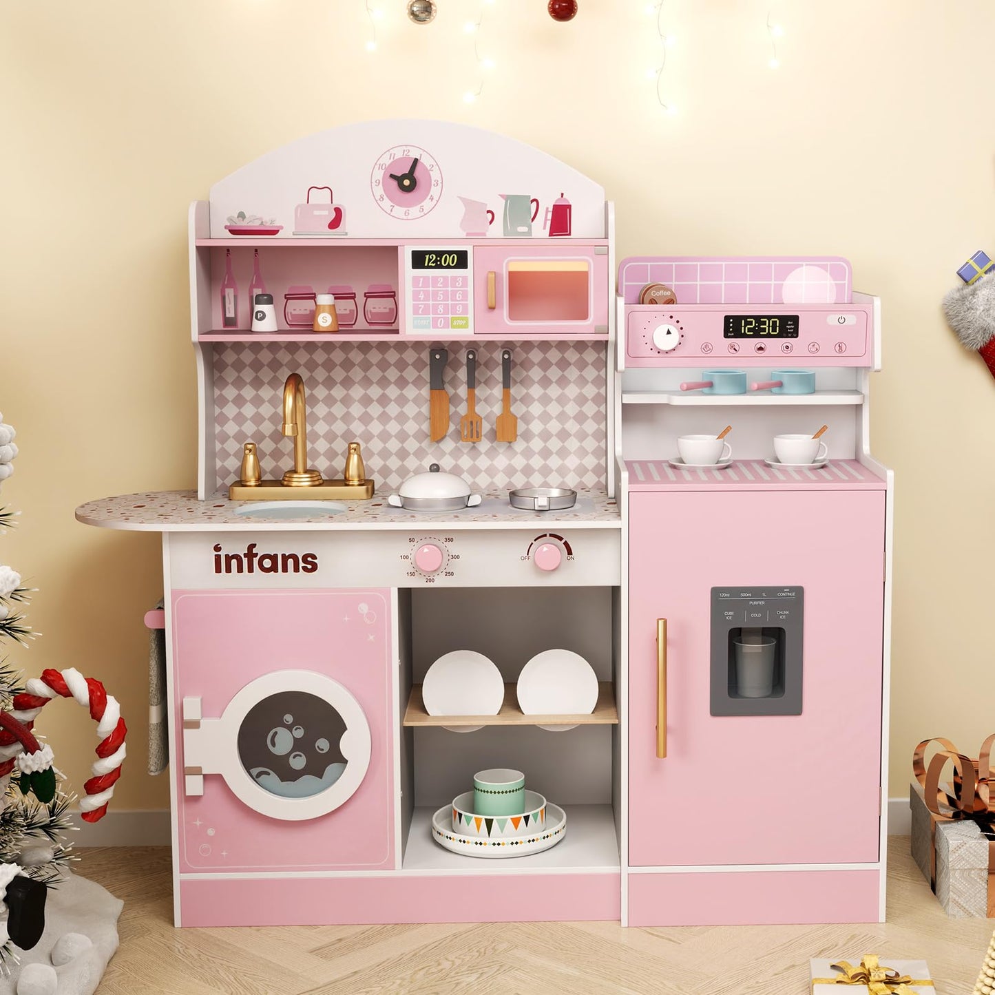 OLAKIDS Kids Kitchen Playset, Toddler Wooden Kitchen Pretend Cooking Toy Set with Coffee Maker