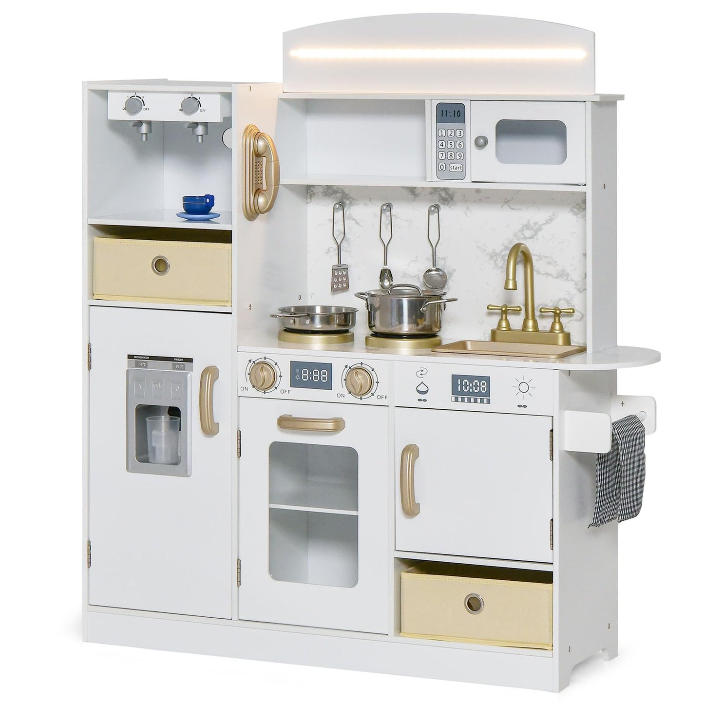 OLAKIDS Kids Kitchen Playset with Lights, Toddler Wooden Pretend Cooking Set with Coffee Maker