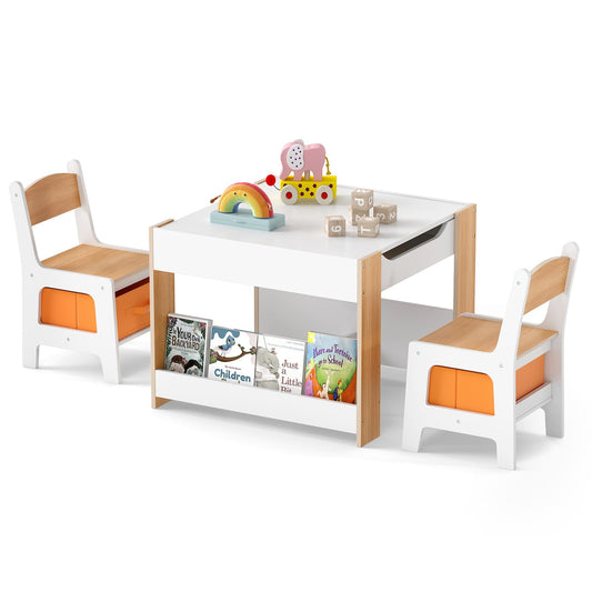 OLAKIDS Kids Table and Chair Set, 4 in 1 Building Block Wooden Activity Desk with Reversible Tabletop for Toddlers