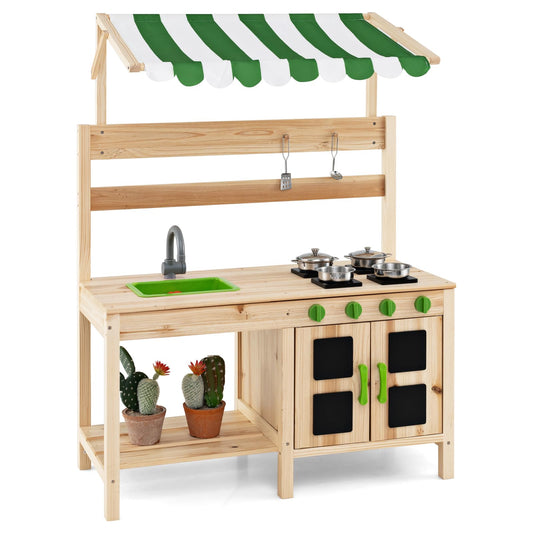 OLAKIDS Mud Kitchen, Play Kitchen with Awning Faucet Stoves, Wooden Kids Kitchen Playset
