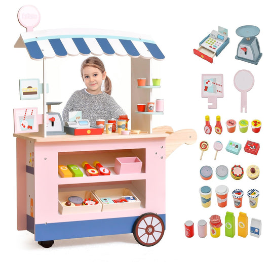 OLAKIDS Wooden Grocery Store Marketplace Toy, Supermarket Pretend Play, Fun Indoor Farmer's Market Stand Set