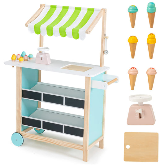 OLAKIDS Wooden Grocery Store Marketplace Toy, Colorful Supermarket Pretend Play, Extra Storage 6 Ice Creams Scales Bells Chalkboards OLAKIDS