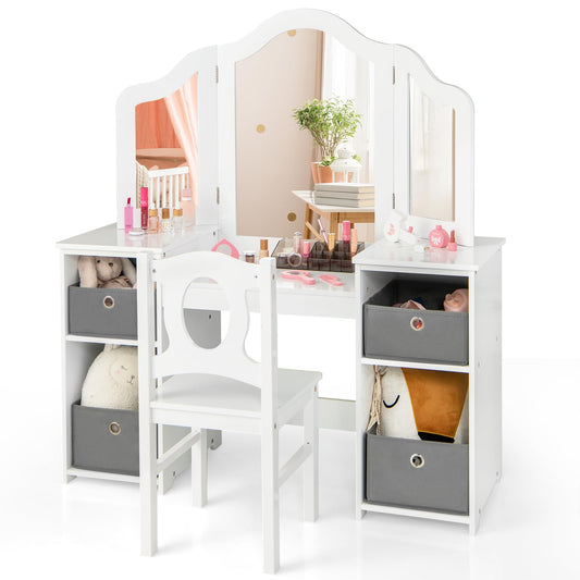 OLAKIDS Kids Vanity, 2 in 1 Princess Makeup Desk and Chair Set with 4 Drawers Tri-Folding Detachable Mirror, Wooden Dressing Table
