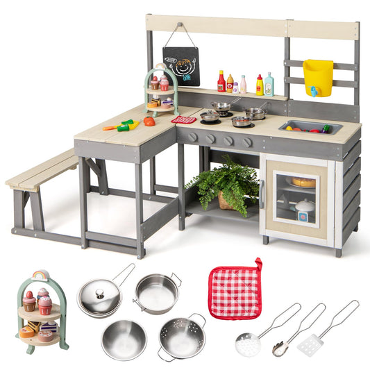 OLAKIDS Mud Kitchen, Outdoor Play Kitchen with Faucet Chalkboard Stoves Removable Sink Cooking Accessories Wooden Kids Kitchen Playset