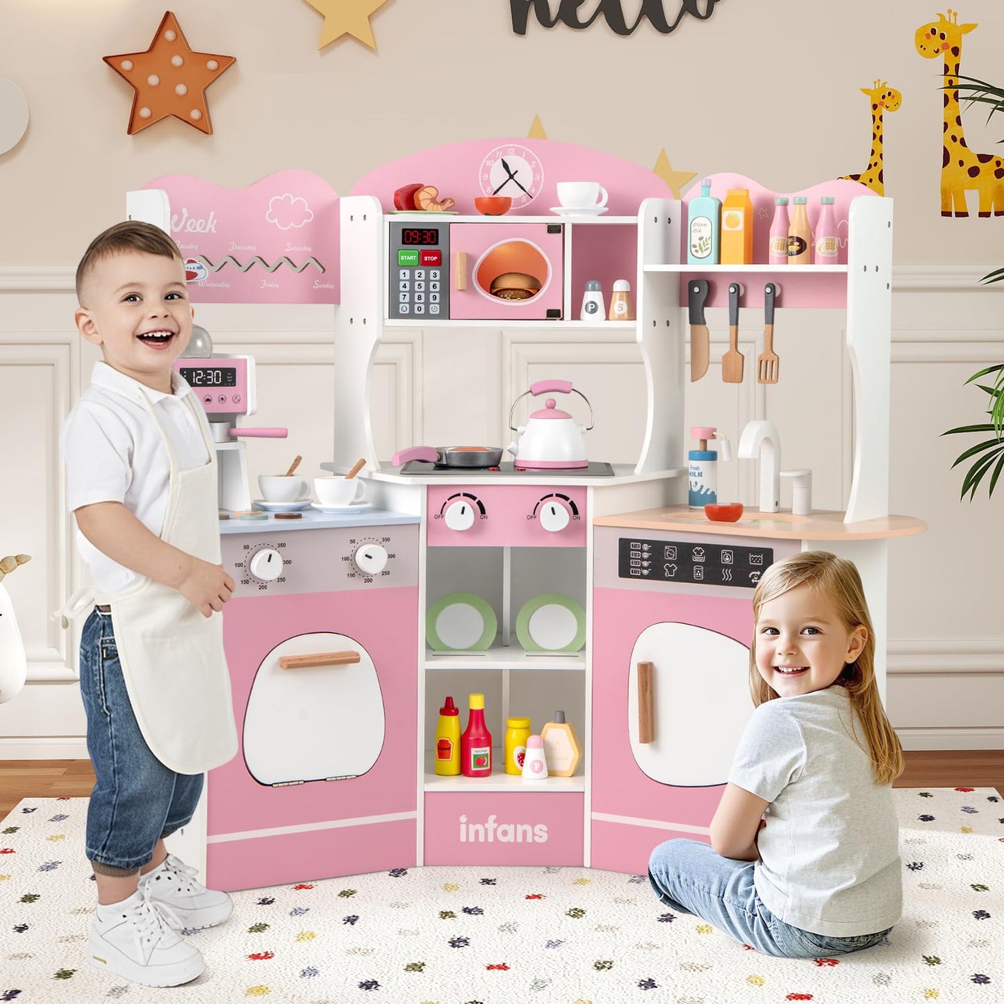 OLAKIDS Corner Kids Kitchen Playset, Toddler Wooden Pretend Cooking Set with Lights Sounds Coffee Machine Washing Machine