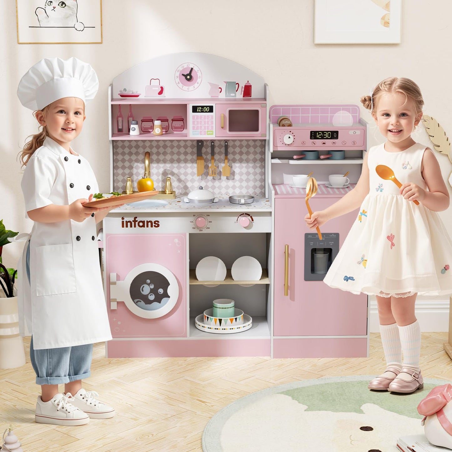 OLAKIDS Kids Kitchen Playset, Toddler Wooden Kitchen Pretend Cooking Toy Set with Coffee Maker