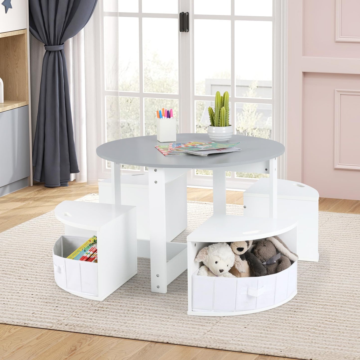 OLAKIDS Toddler Table and Chair Set, Wooden Table and 4 Chairs with Nesting Design, Children Multi-Activity Table