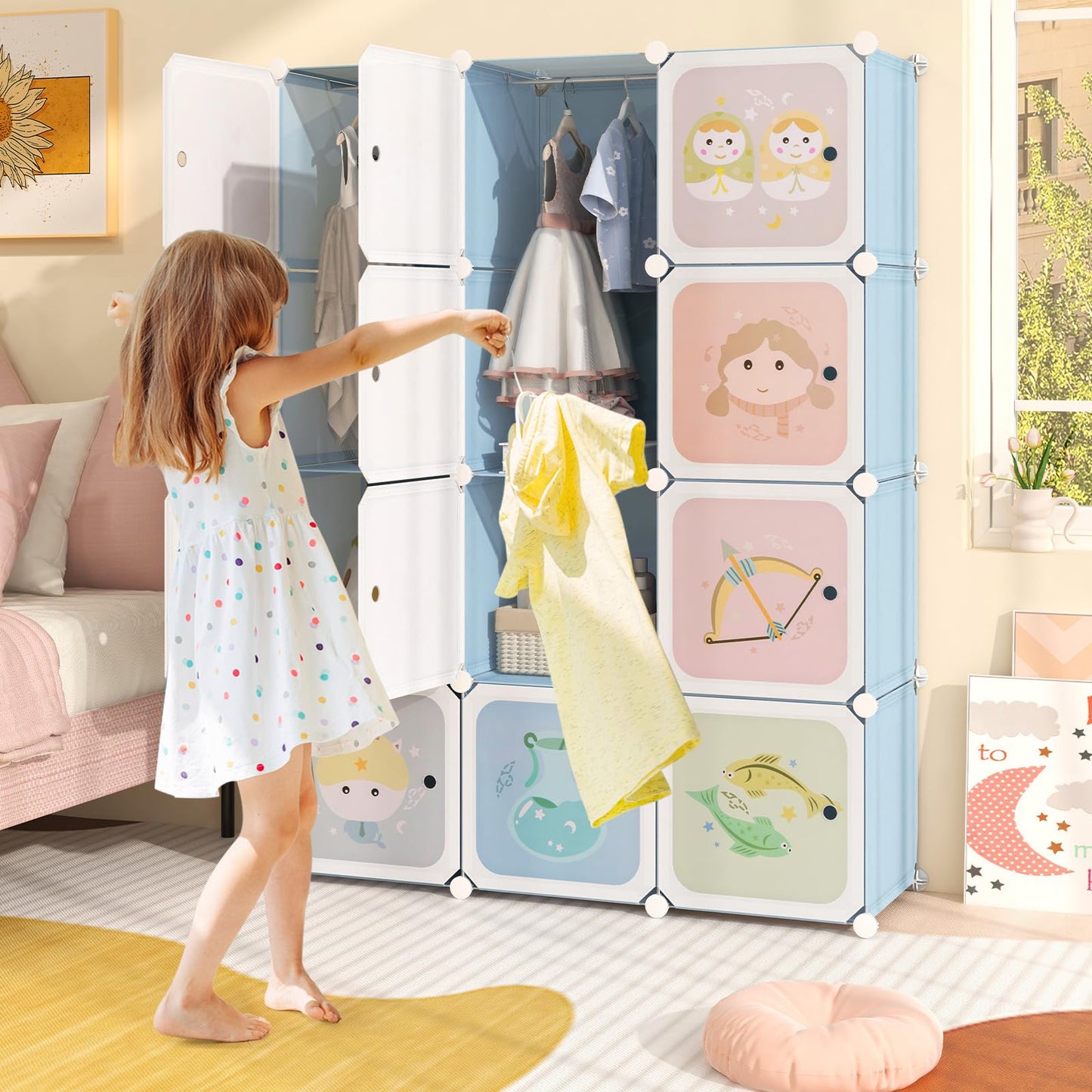 OLAKIDS Children Wardrobe, Kid Closet Portable Baby Dresser Cute for Kids Bedroom Nursery Armoire with Doors