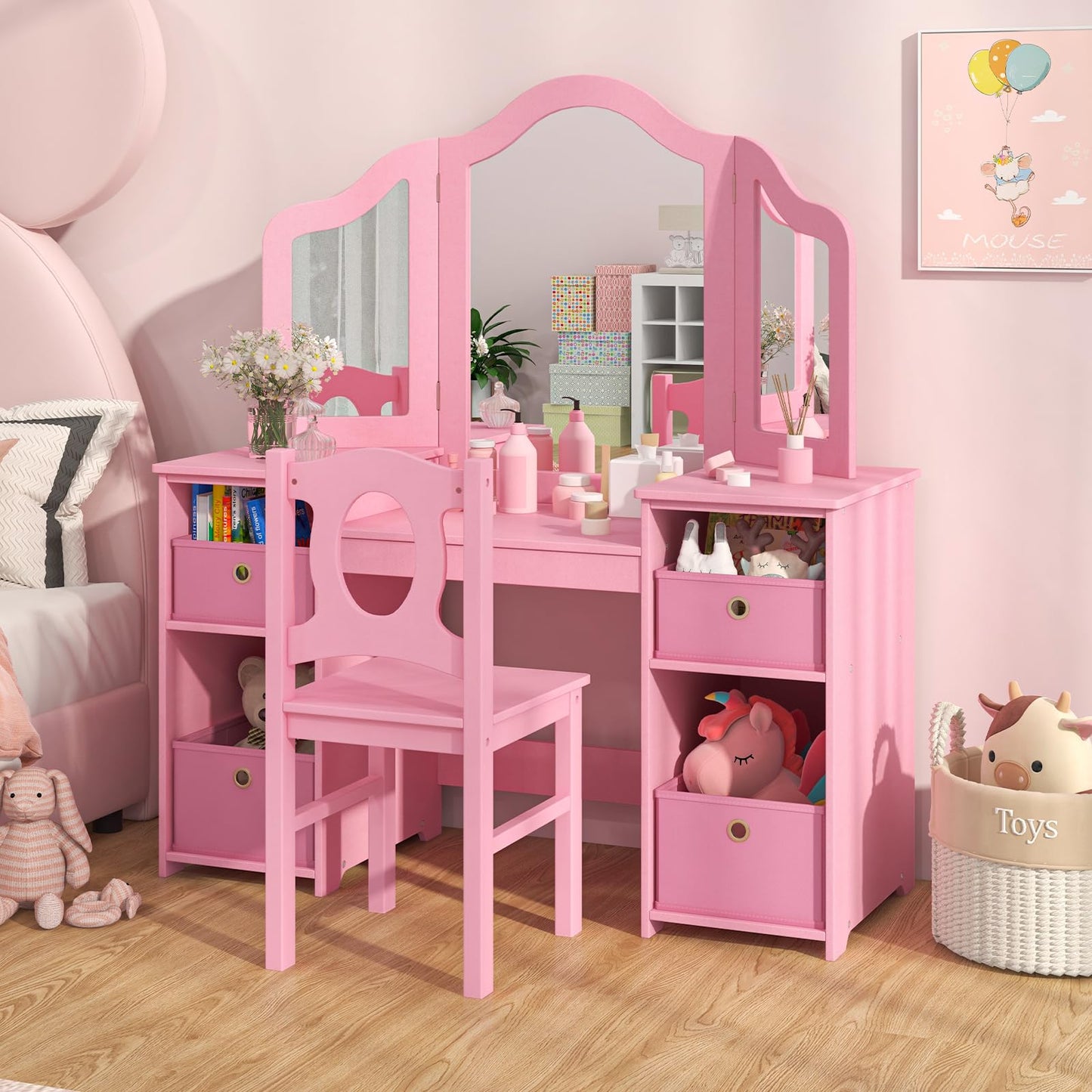 OLAKIDS Kids Vanity, 2 in 1 Princess Makeup Desk and Chair Set with 4 Drawers Tri-Folding Detachable Mirror, Wooden Dressing Table
