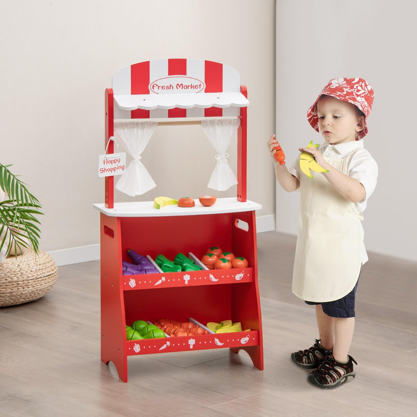 OLAKIDS Grocery Store Marketplace Toy for Kids, Wooden Market Stand Pretend Play Set with 36 Cutting Vegetables Fruits Pieces