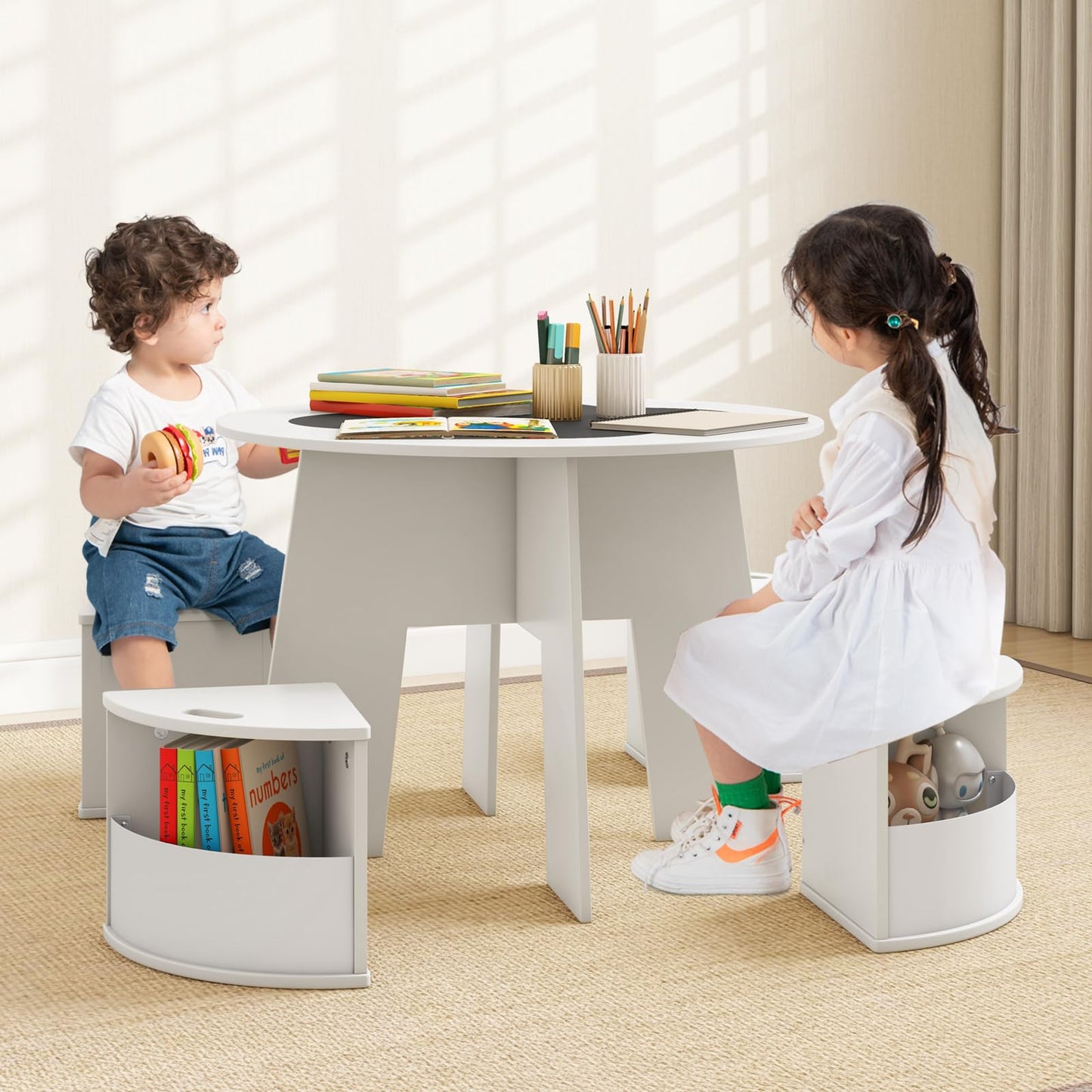 OLAKIDS Toddler Table and Chair Set with 4 Storage Stools, Wooden Flower Shaped Nesting Table with Blackboard Drawers