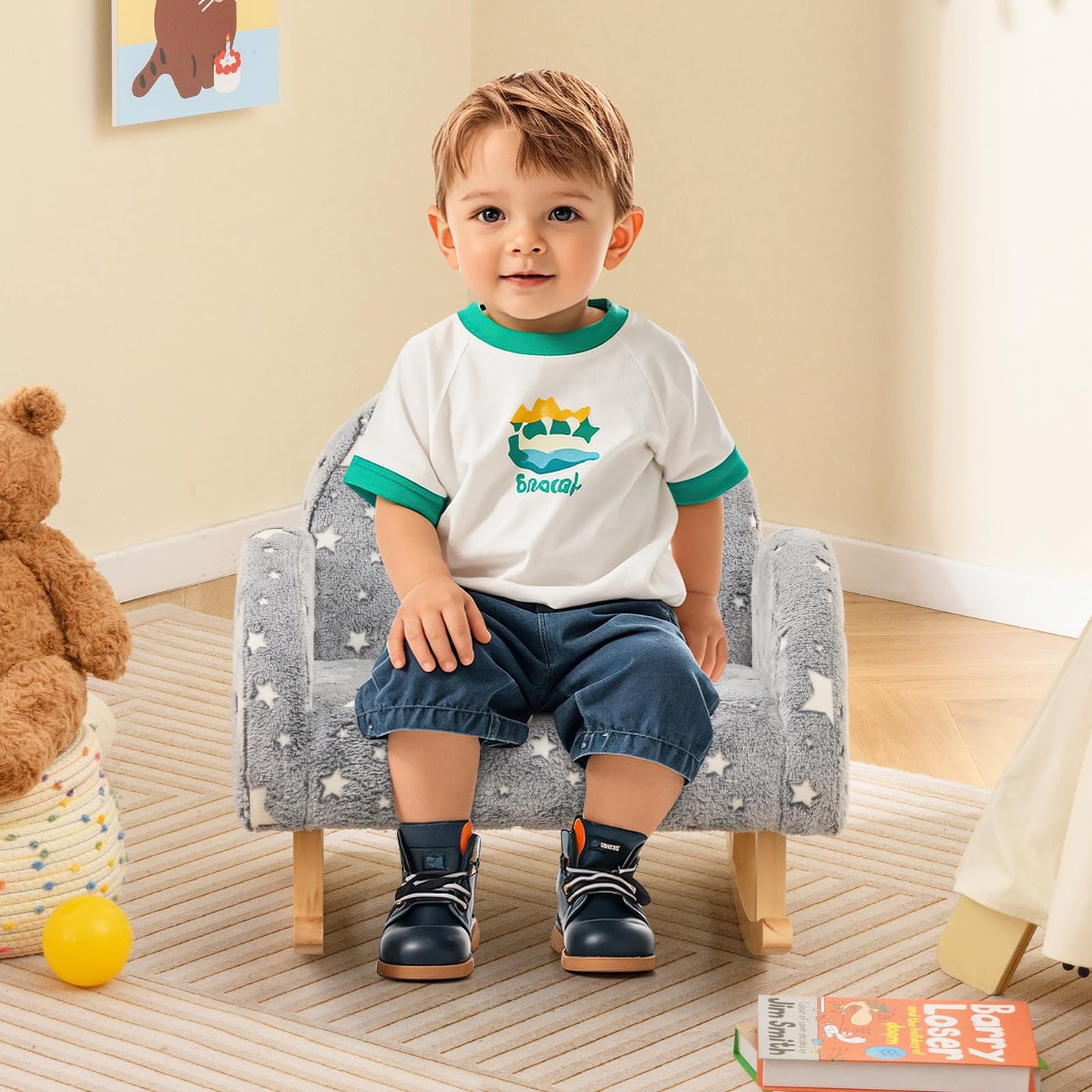 OLAKIDS Kids Sofa with Glow in The Dark, Toddler Rocking Chair, Upholstered Comfy Foam Children Chair for Kindergarten Playroom