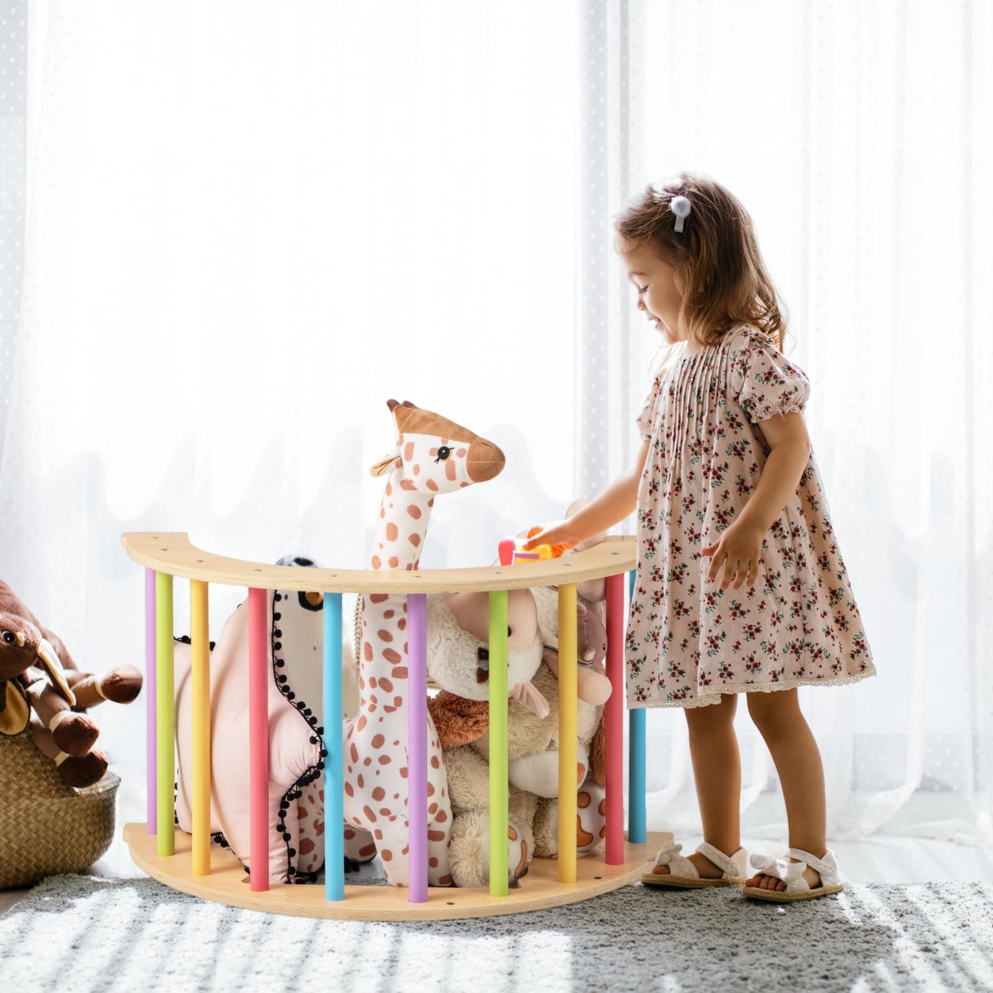 OLAKIDS Wooden Arch Climber Rocker with Soft Cushion, 6 in 1 Montessori Climbing Toys for Toddlers, Gym Playset Gift for Kids