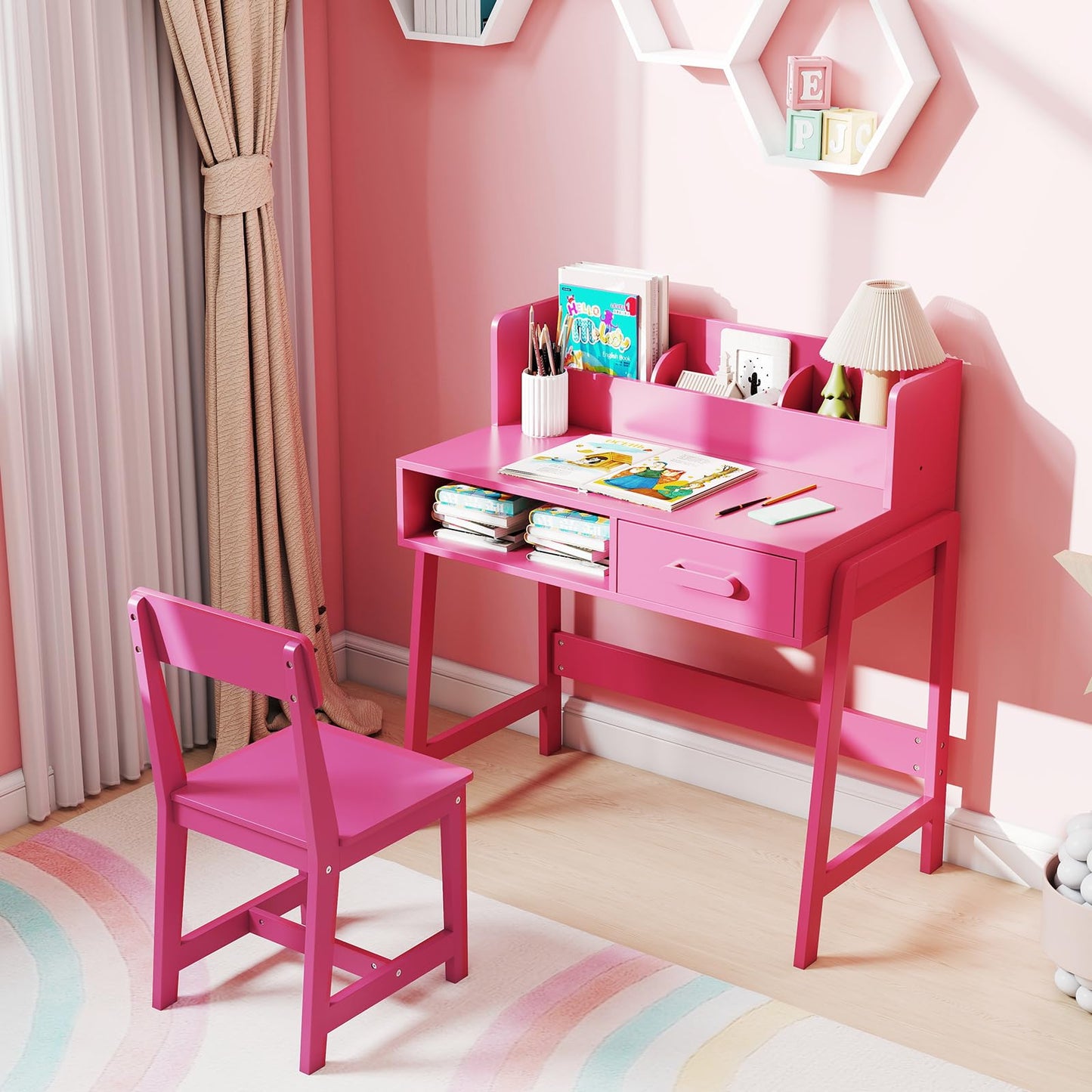 OLAKIDS Table and Chair Set, Toddler Wooden Student Study Desk with Chair Storage Hutch Compartments Drawers