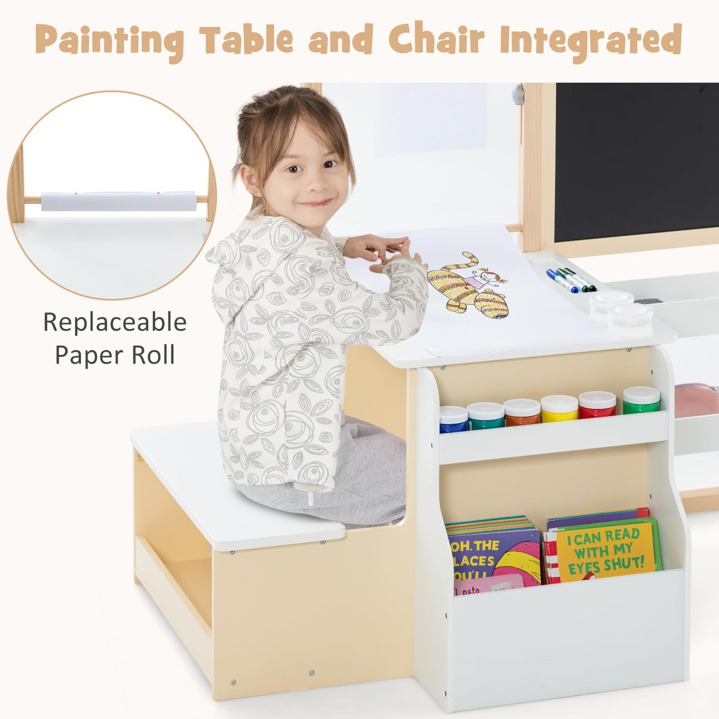 OLAKIDS 3 in 1 Kids Art Table and Chair Set, Toddler Wood Activity Desk with Double-Sided Easel, Children Furniture