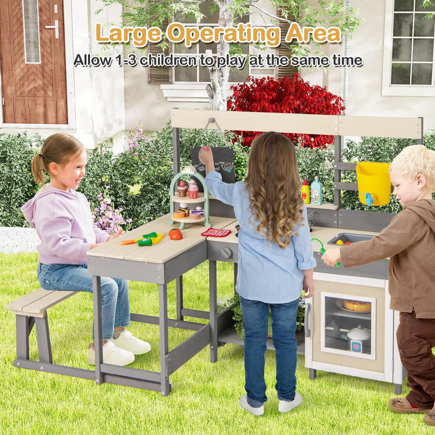 OLAKIDS Mud Kitchen, Outdoor Play Kitchen with Faucet Chalkboard Stoves Removable Sink Cooking Accessories Wooden Kids Kitchen Playset