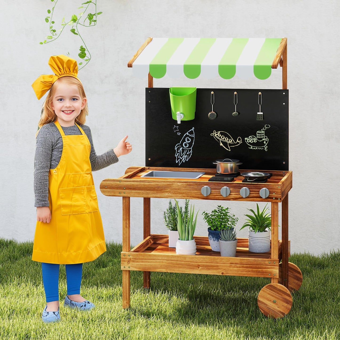 OLAKIDS Mud Kitchen, Outdoor Play Kitchen with Drawing Board, Real Water Flow, Wooden Kids Kitchen Playset Gift