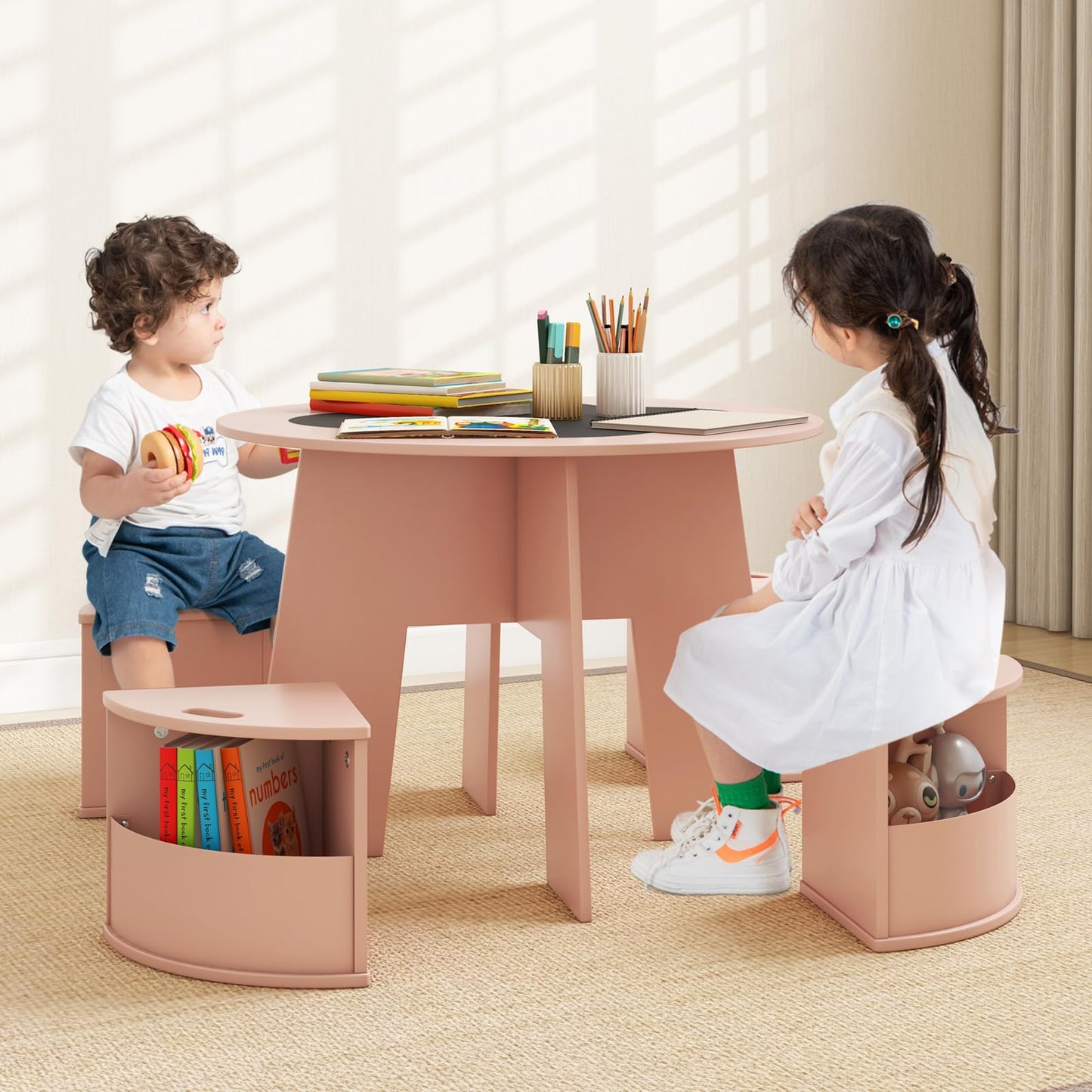 OLAKIDS Toddler Table and Chair Set with 4 Storage Stools, Wooden Flower Shaped Nesting Table with Blackboard Drawers