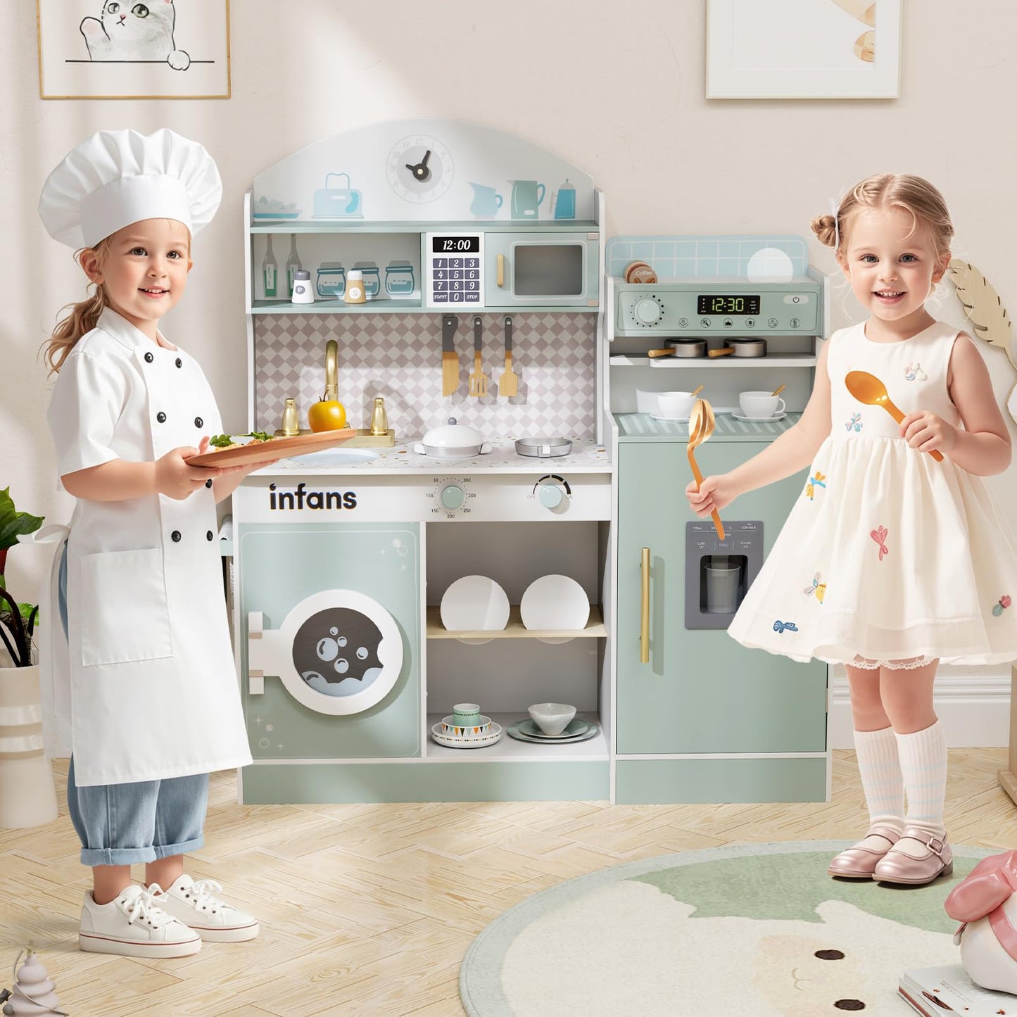 OLAKIDS Kids Kitchen Playset, Toddler Wooden Kitchen Pretend Cooking Toy Set with Coffee Maker