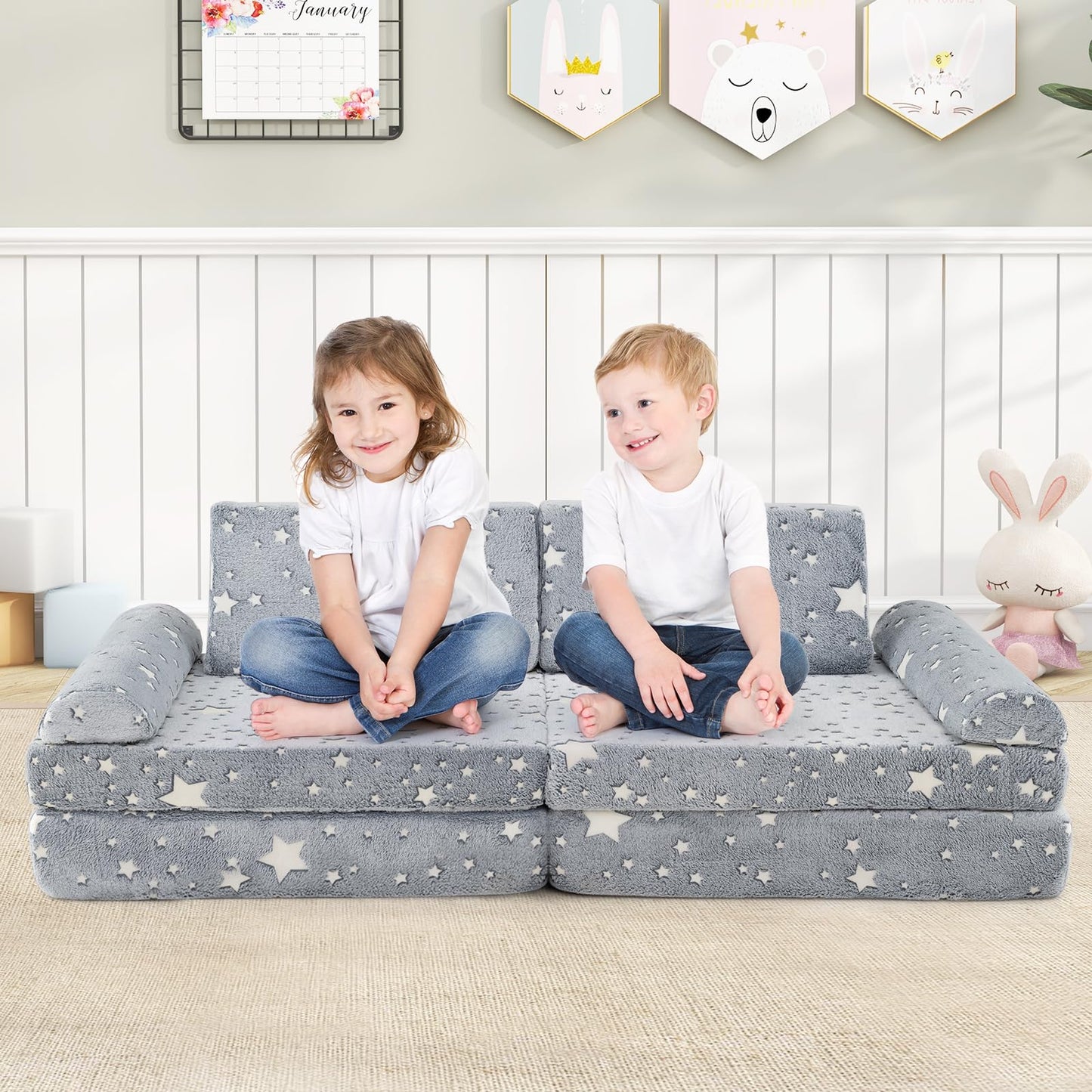 OLAKIDS Modular Kids Play Couch, 8 PCS Toddler Creative Sectional Fort Building Sofa, Convertible Soft Foam Floor Cushion