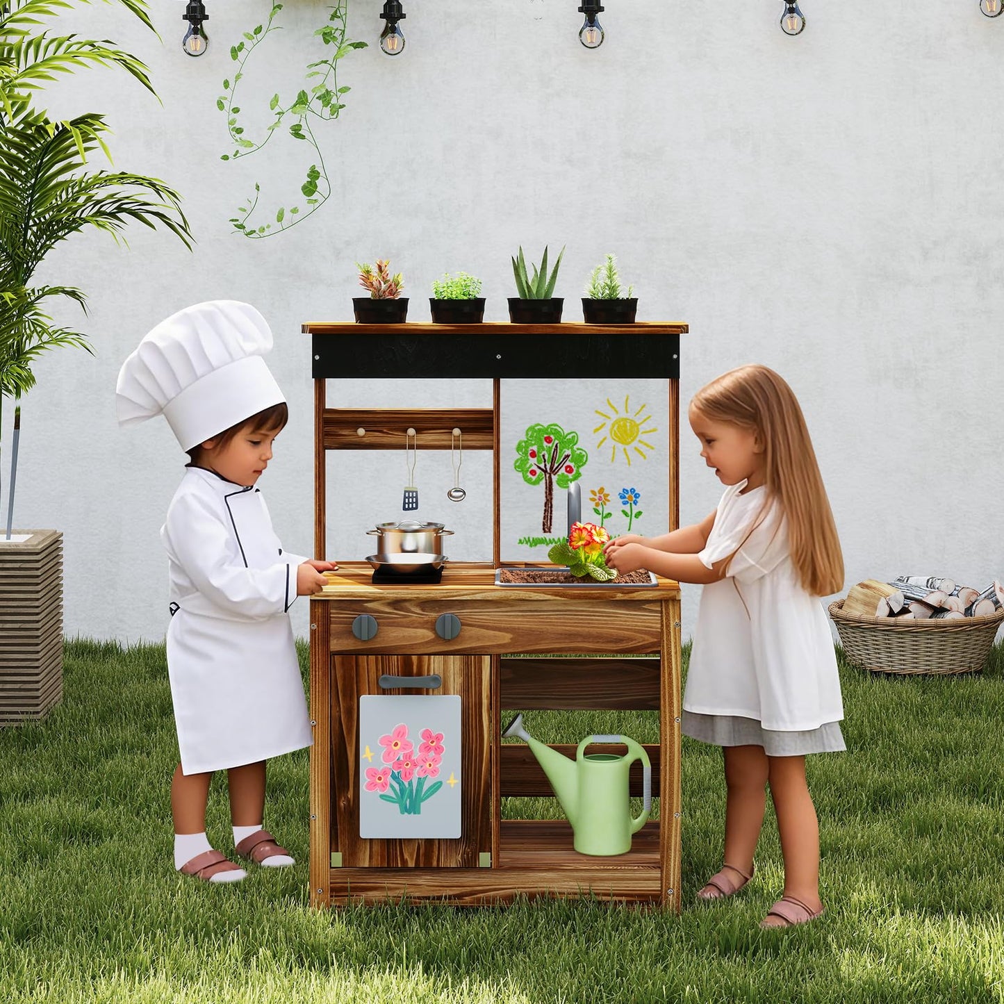 OLAKIDS Mud Kitchen, Outdoor Play Kitchen with Drawing Board, Cooking Accessories, Wooden Kids Kitchen Playset