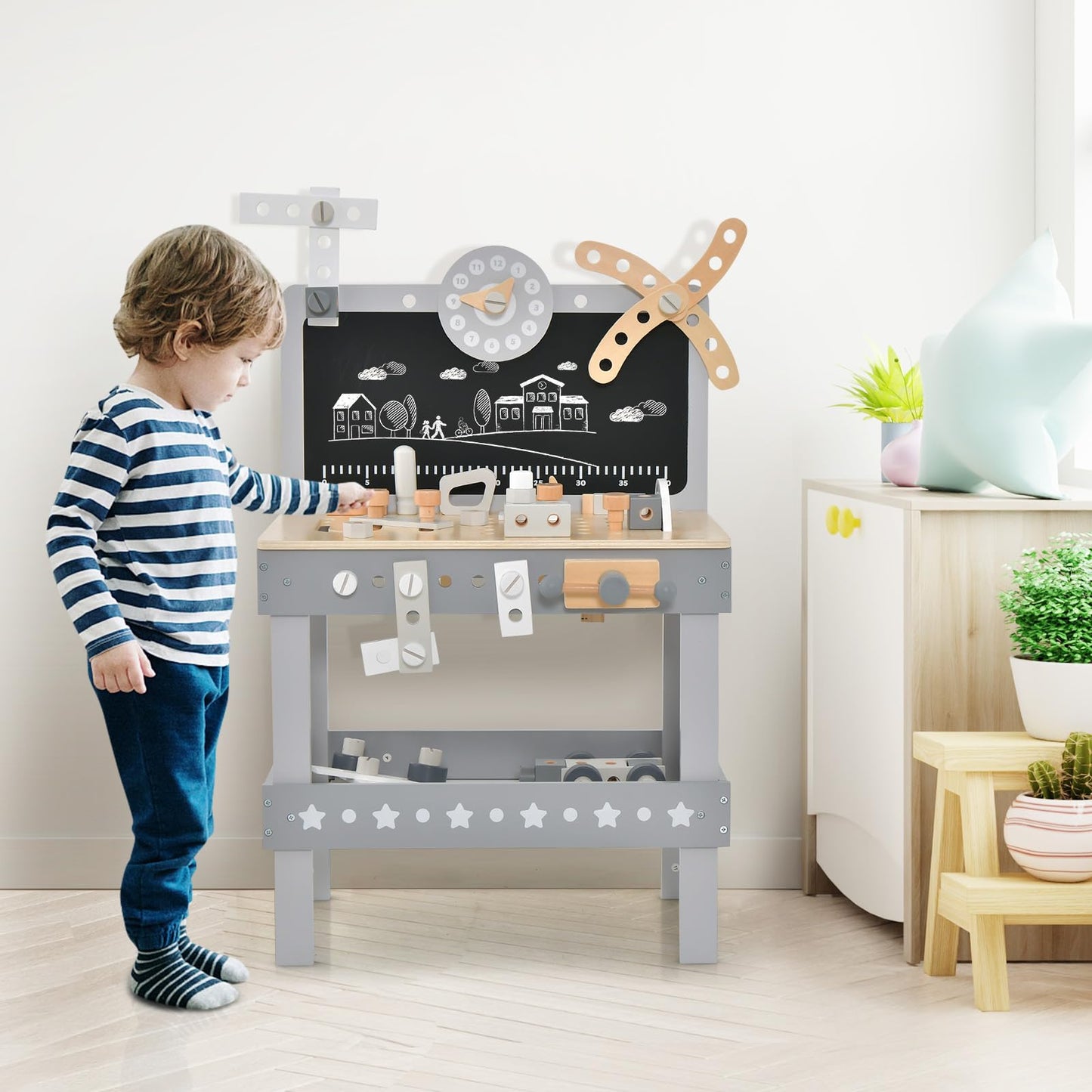 OLAKIDS Tool Bench Set for Toddlers, Kids Wooden Workbench with Blackboard Construction Building Tools and 62 Accessories