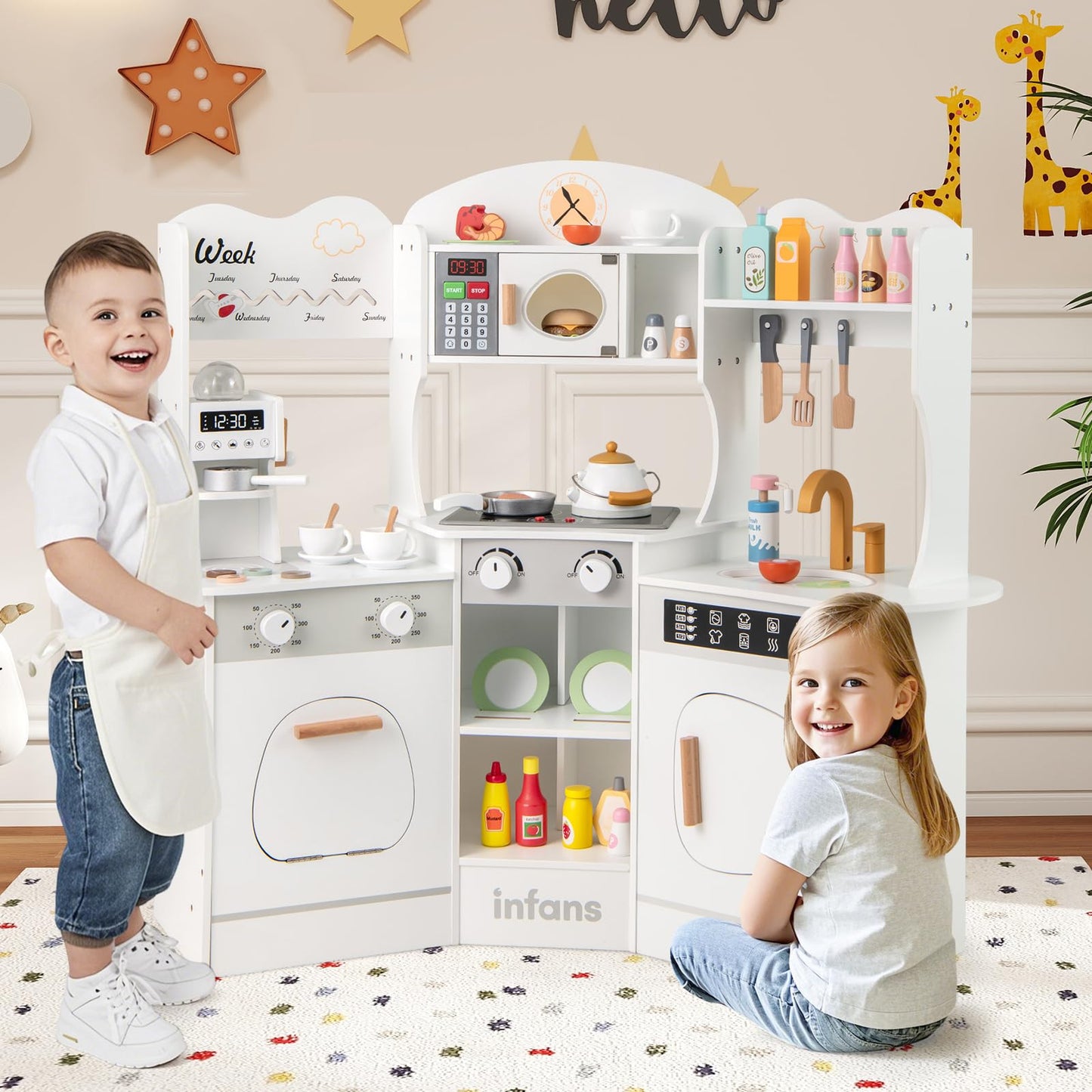 OLAKIDS Corner Kids Kitchen Playset, Toddler Wooden Pretend Cooking Set with Lights Sounds Coffee Machine Washing Machine