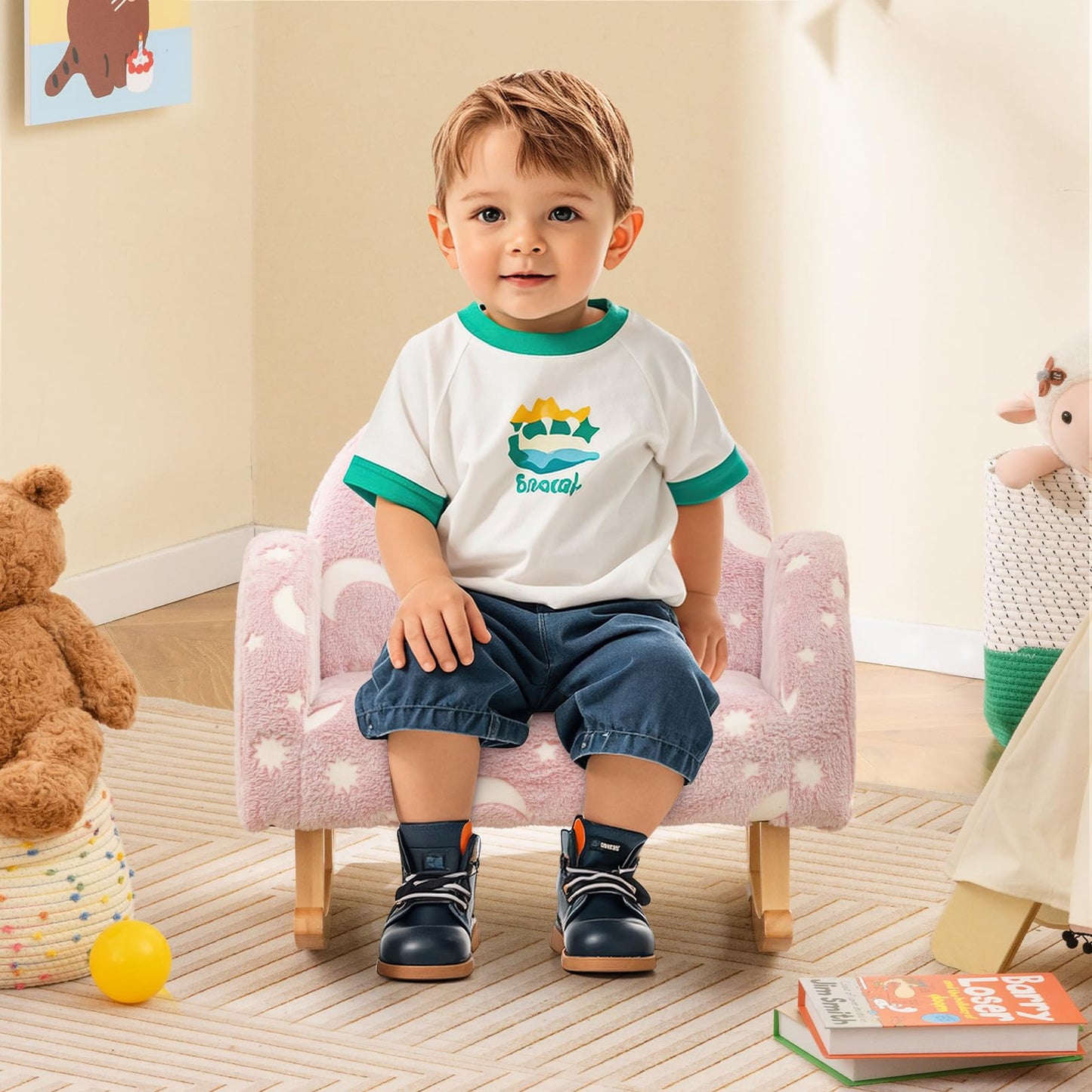 OLAKIDS Kids Sofa with Glow in The Dark, Toddler Rocking Chair, Upholstered Comfy Foam Children Chair for Kindergarten Playroom