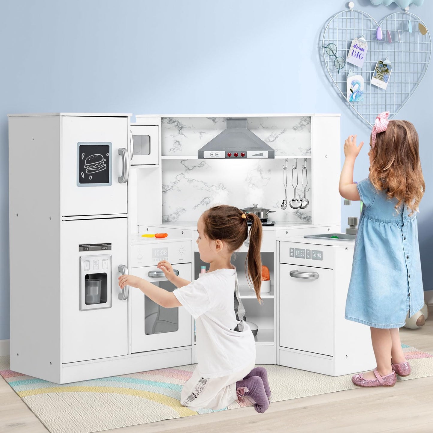 OLAKIDS Corner Kids Kitchen Playset, Toddler Wooden Pretend Cooking Set with Realistic Light Sound Stove