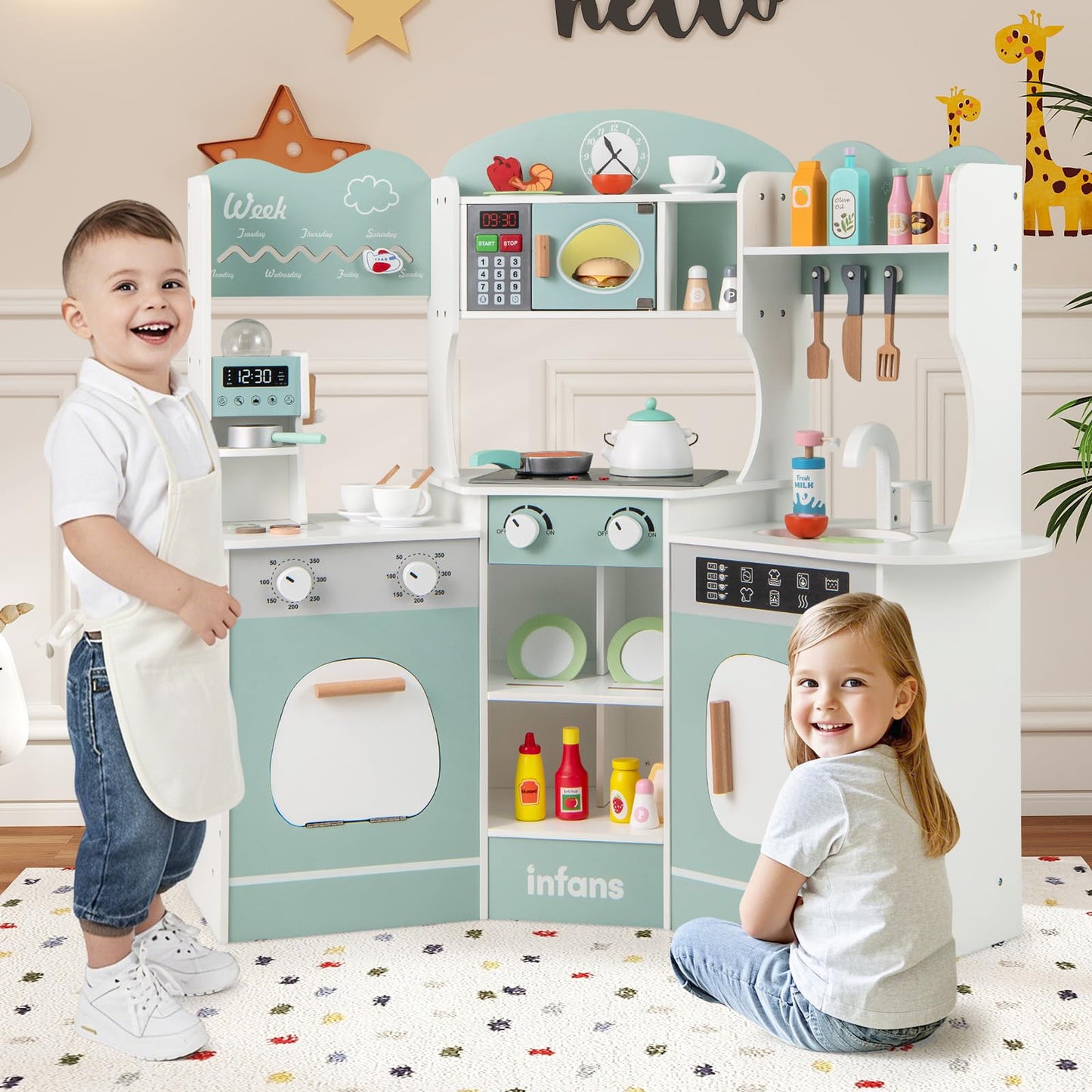 OLAKIDS Corner Kids Kitchen Playset, Toddler Wooden Pretend Cooking Set with Lights Sounds Coffee Machine Washing Machine