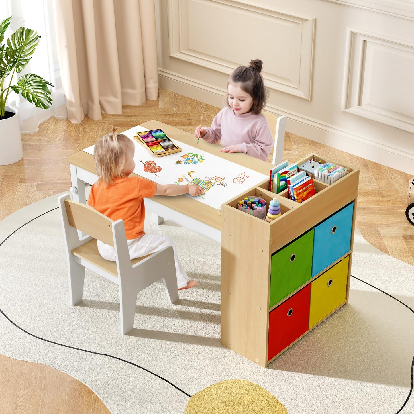 OLAKIDS Kids Table and Chair Set, Toddler Art Craft Play Wood Activity Desk with 2 Chairs 4 Storage Canvas Bins Paper Roll