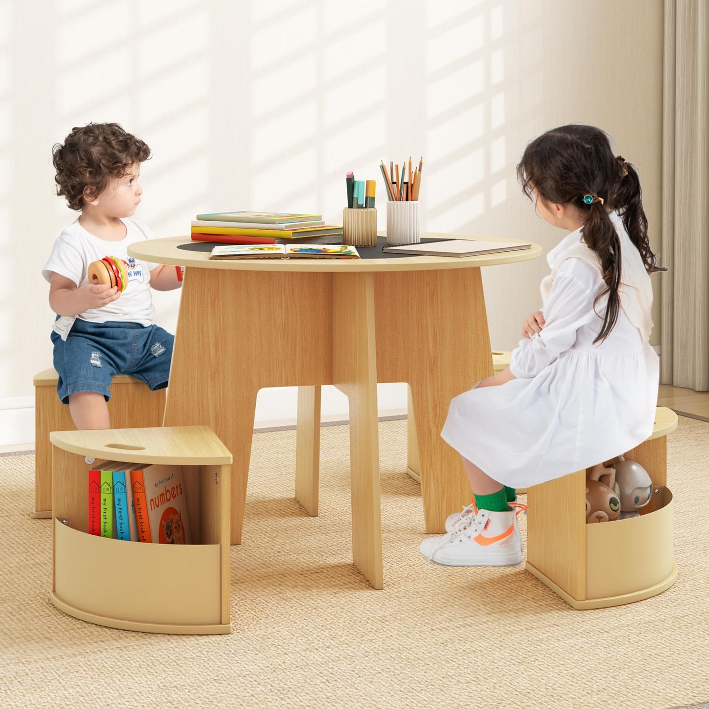 OLAKIDS Toddler Table and Chair Set with 4 Storage Stools, Wooden Flower Shaped Nesting Table with Blackboard Drawers