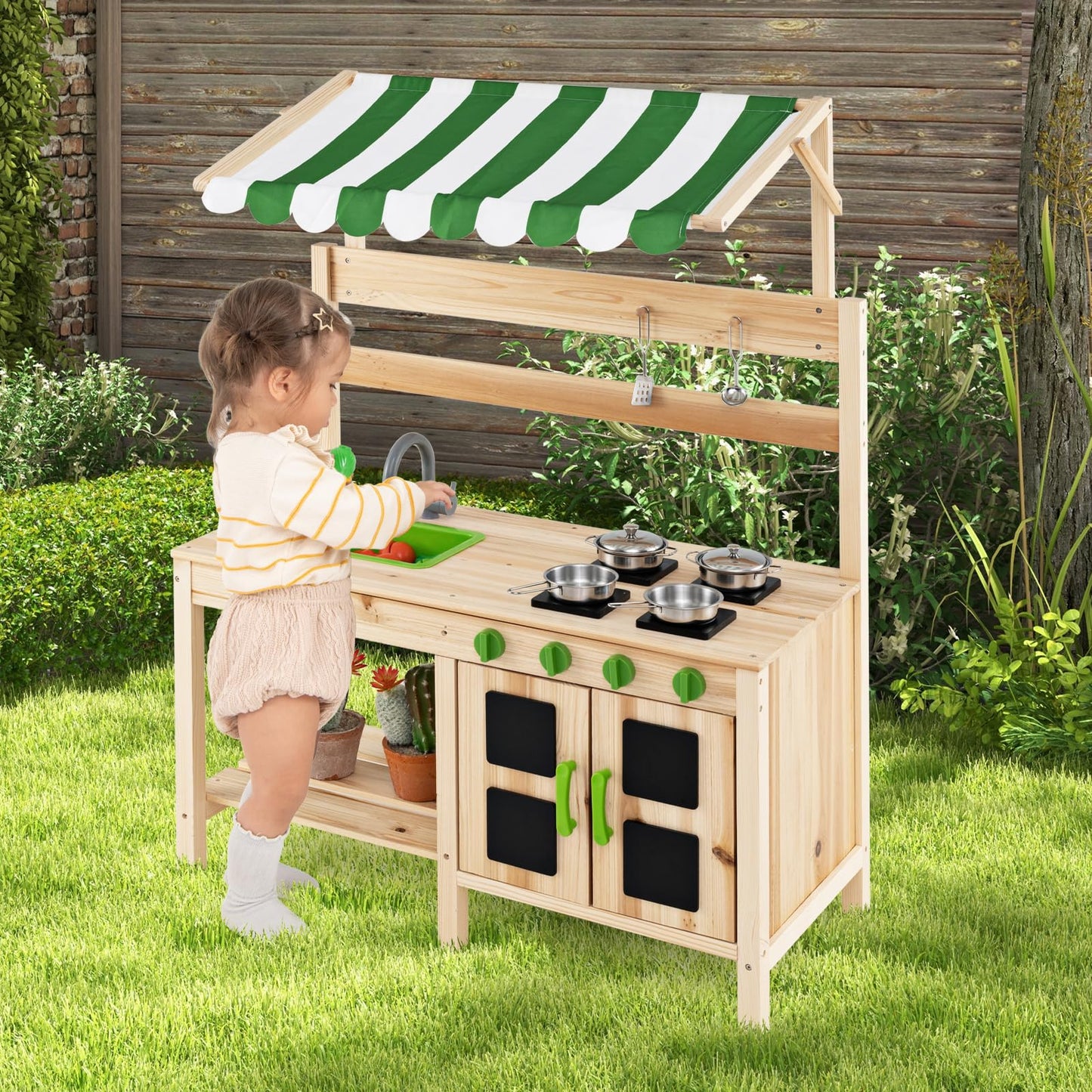 OLAKIDS Mud Kitchen, Play Kitchen with Awning Faucet Stoves, Wooden Kids Kitchen Playset