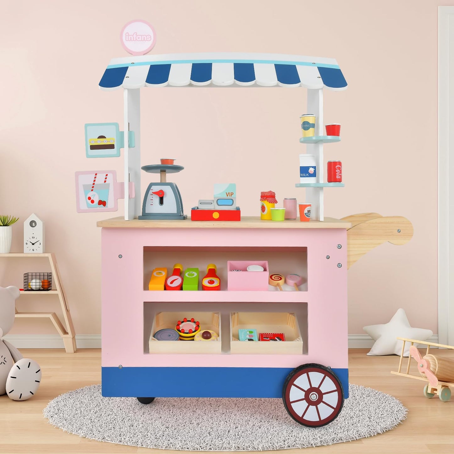 OLAKIDS Wooden Grocery Store Marketplace Toy, Supermarket Pretend Play, Fun Indoor Farmer's Market Stand Set