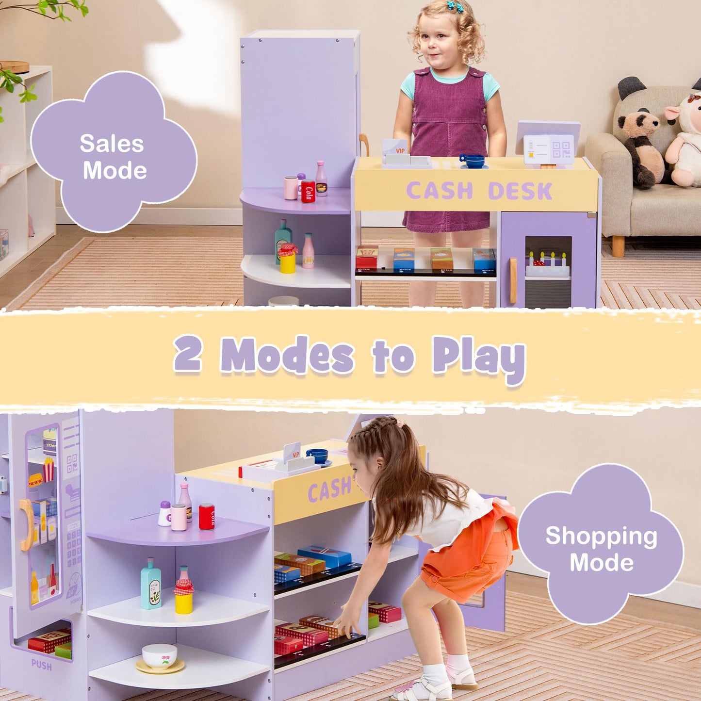 OLAKIDS Kids Grocery Store Playset, Wooden Supermarket Toy Set with Cash Register, Vending Machine, Pretend Play Store