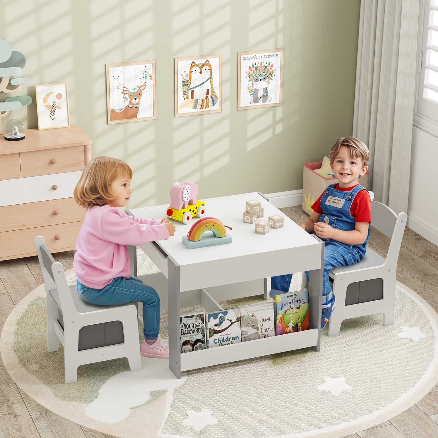 OLAKIDS Kids Table and Chair Set, 4 in 1 Building Block Wooden Activity Desk with Reversible Tabletop for Toddlers