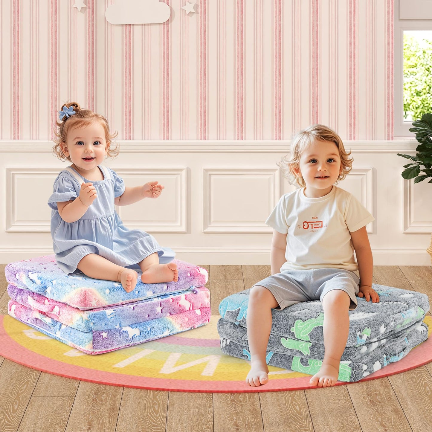 OLAKIDS Foldable Floor Mattress for Kids, Glow in Dark Tri-Folding Nap Mat for Sleeping Daycare, Portable Foam Mattress