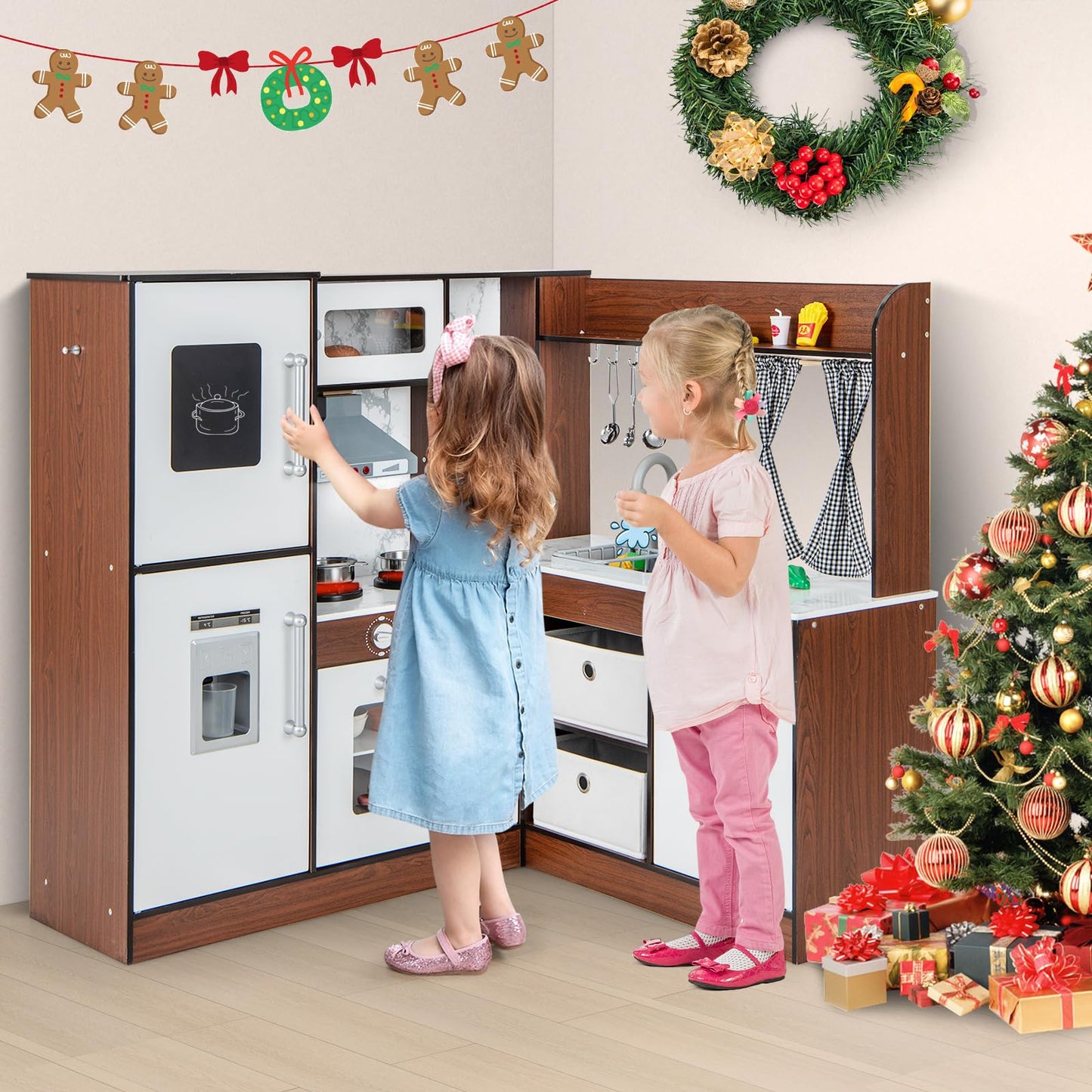 OLAKIDS Corner Kids Kitchen Playset, Ultimate Wooden Pretend Cooking Toy Set with Real Running Water