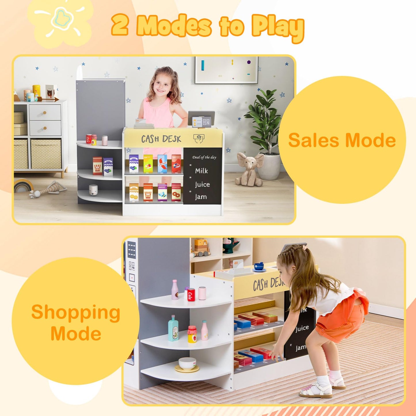 OLAKIDS Kids Grocery Store Playset, Wooden Supermarket Toy Set with Cash Register, Vending Machine, Pretend Play Store