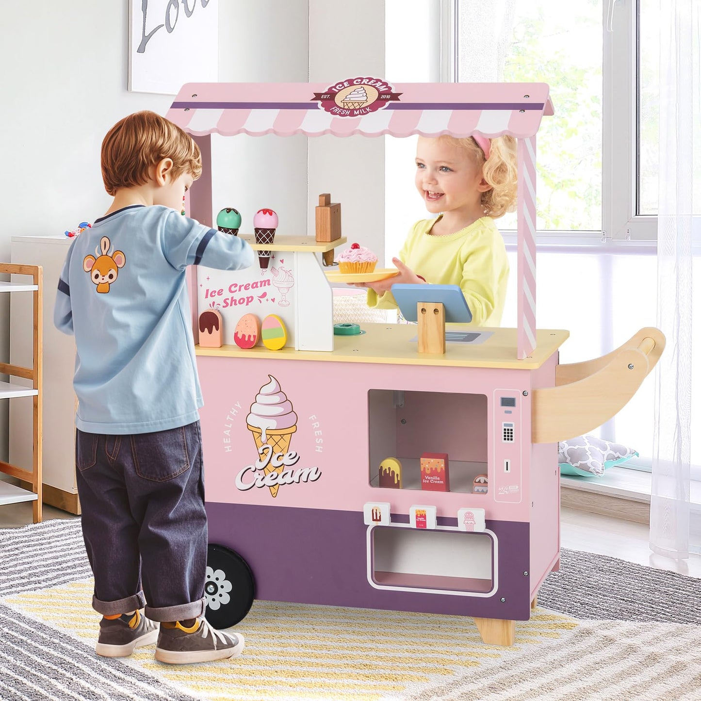 OLAKIDS Ice Cream Cart Grocery Store Marketplace Toy, Market Stand Shop Pretend Play Set with Accessories Gift for Ages 3+
