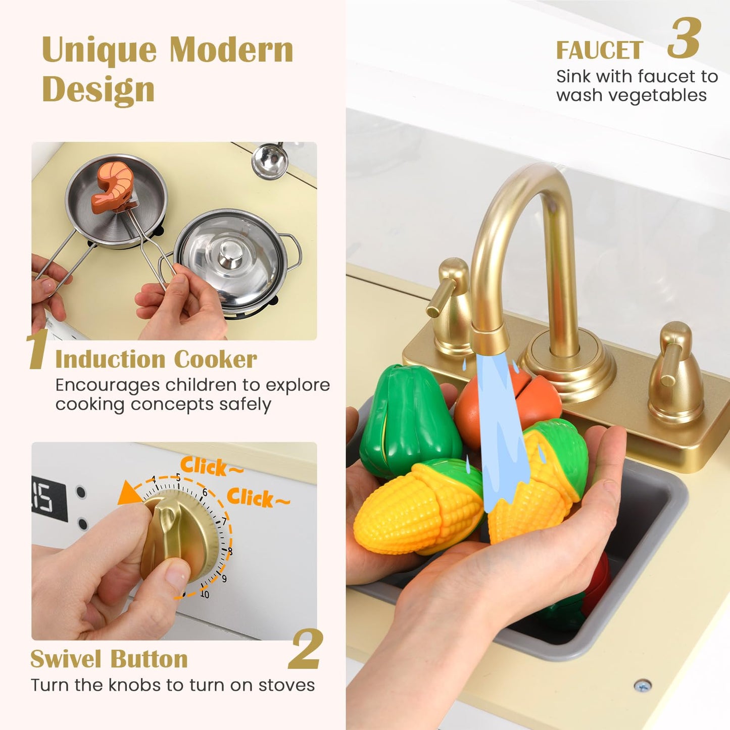 OLAKIDS Kids Kitchen Playset, Toddler Wooden Pretend Cooking Toy Set with Acrylic Drawing Board Ice Machine Dishwasher