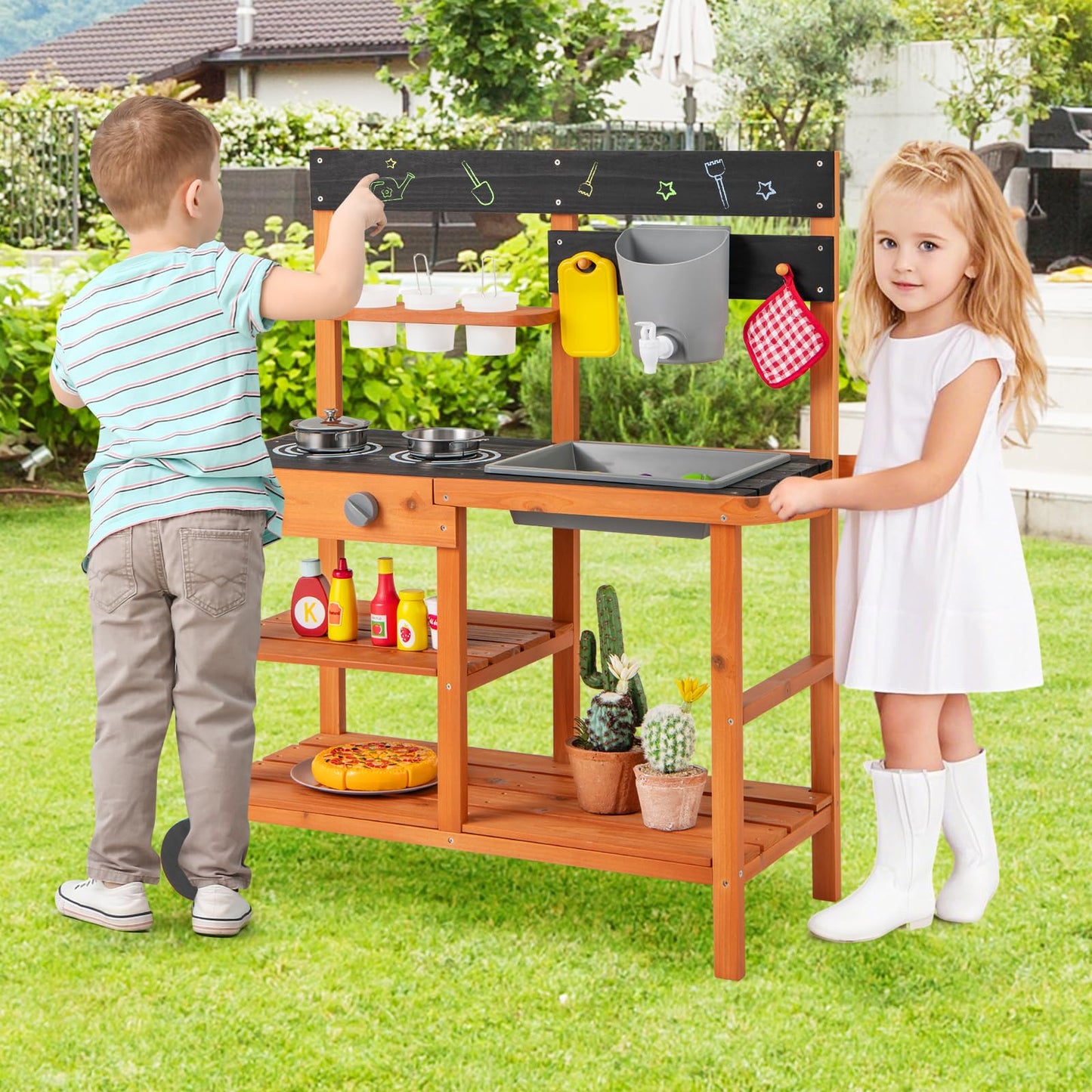 OLAKIDS Mud Kitchen for Kids Outdoor, Wooden Toddler Play Kitchen with Cooking Accessories, Toy Playset for Backyard Garden