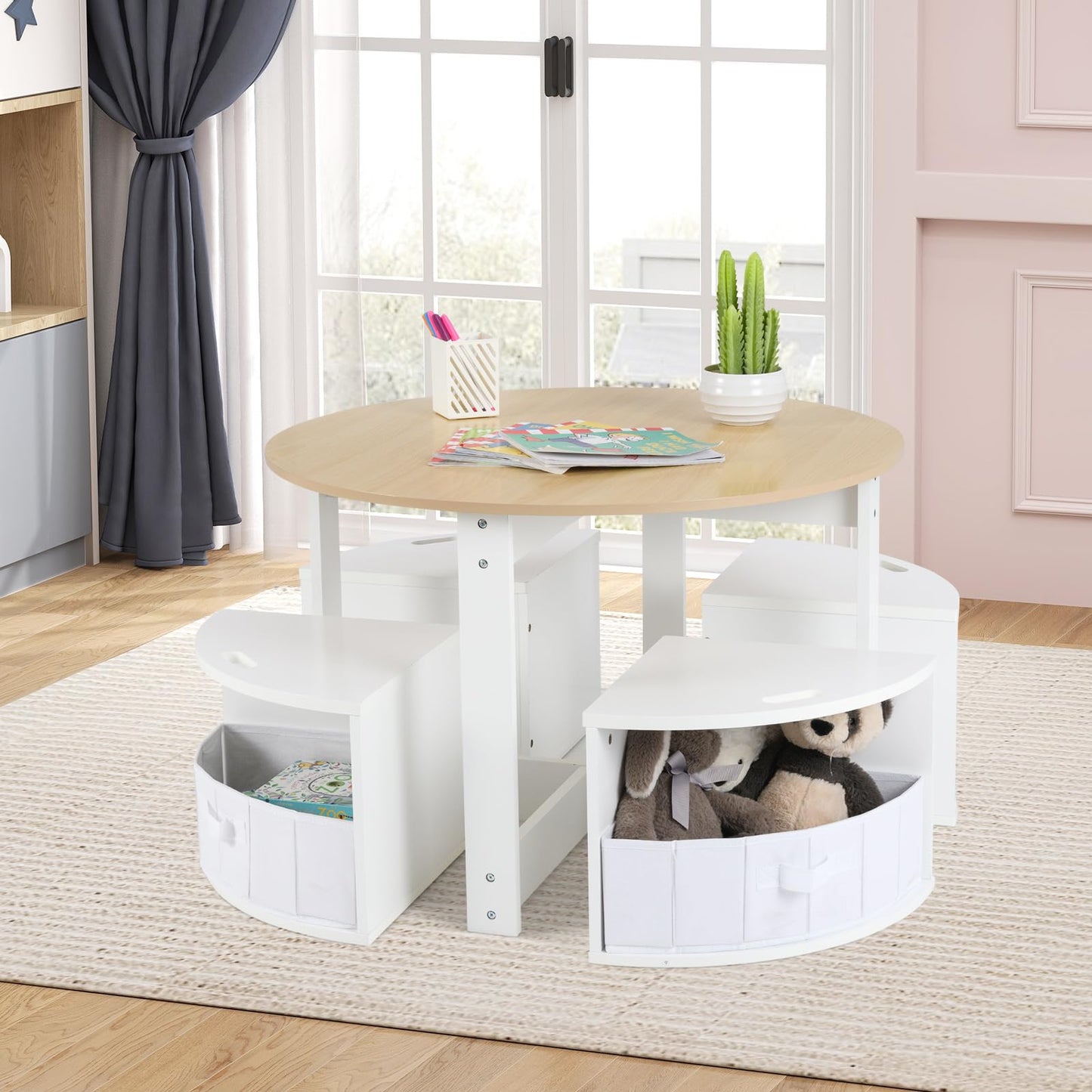 OLAKIDS Toddler Table and Chair Set, Wooden Table and 4 Chairs with Nesting Design, Children Multi-Activity Table