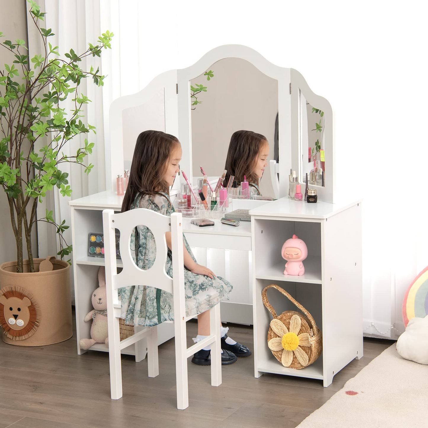 2 in 1 Princess Makeup Desk & Chair Set with Tri-Folding Detachable Mirror OLAKIDS