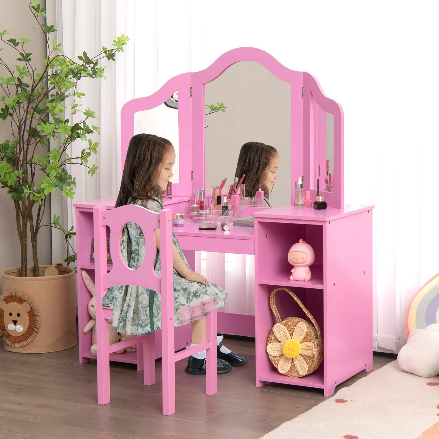 2 in 1 Princess Makeup Desk & Chair Set with Tri-Folding Detachable Mirror OLAKIDS