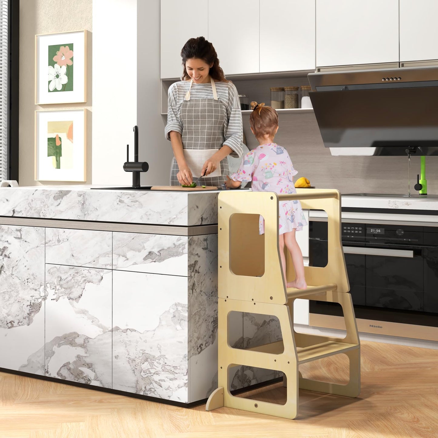 OLAKIDS Toddler Tower, 4 in 1 Foldable Kitchen Stool Helper Learning Standing Tower, Kids Wooden Collapsible Table and Chair Set