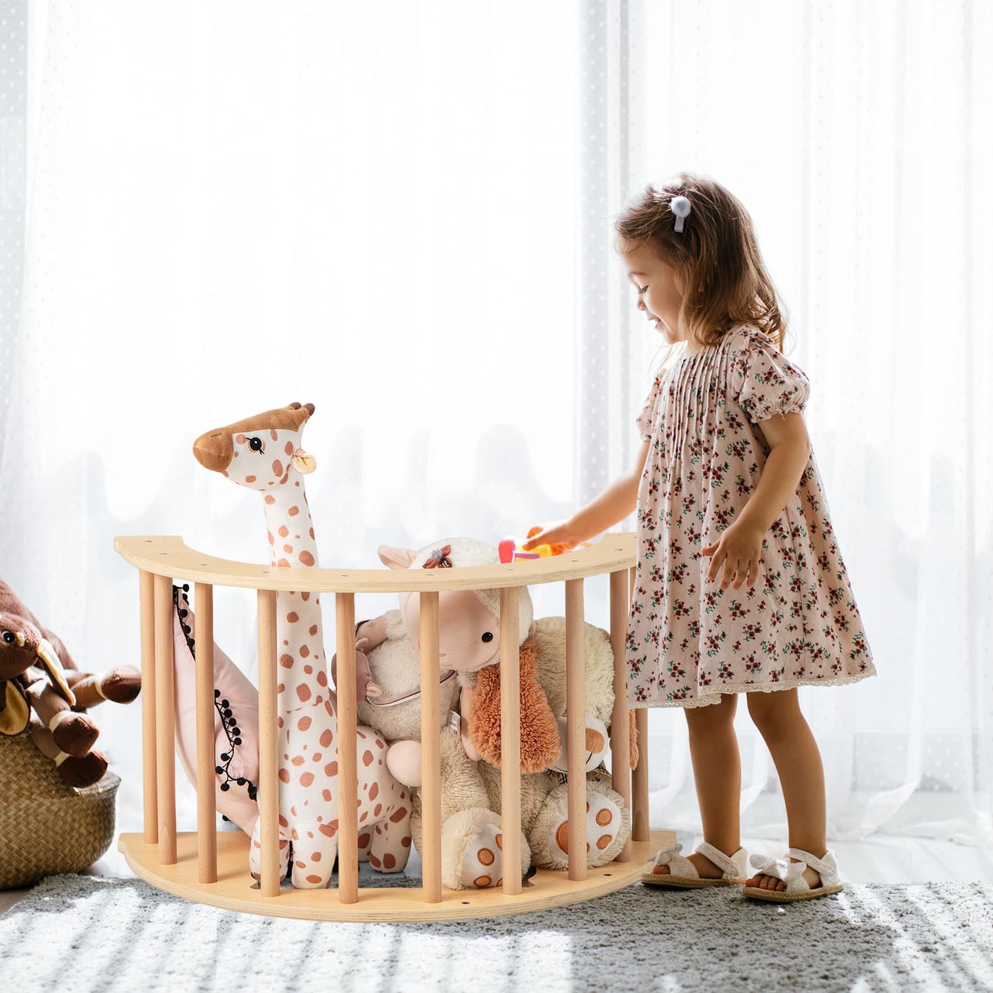 OLAKIDS Wooden Arch Climber Rocker with Soft Cushion, 6 in 1 Montessori Climbing Toys for Toddlers, Gym Playset Gift for Kids