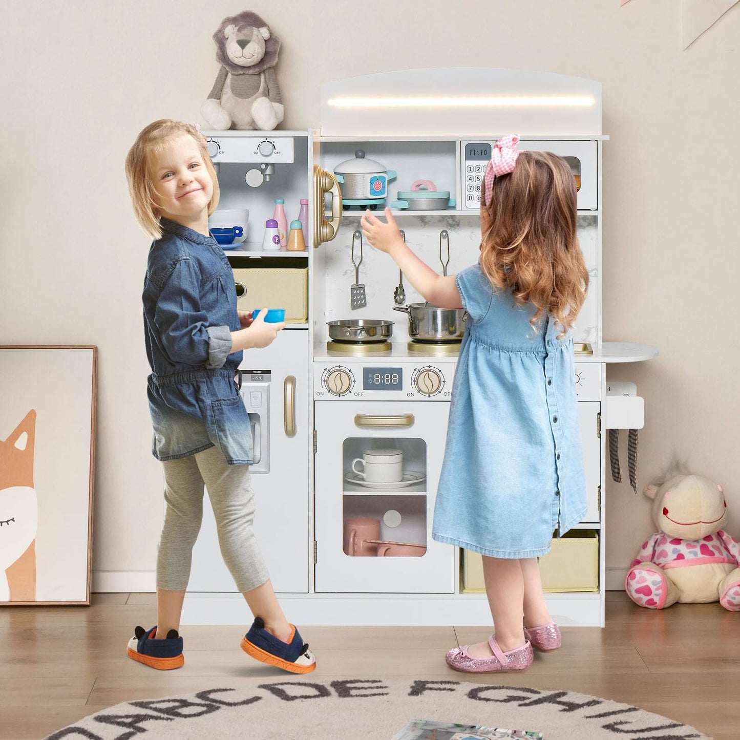 OLAKIDS Kids Kitchen Playset with Lights, Toddler Wooden Pretend Cooking Set with Coffee Maker