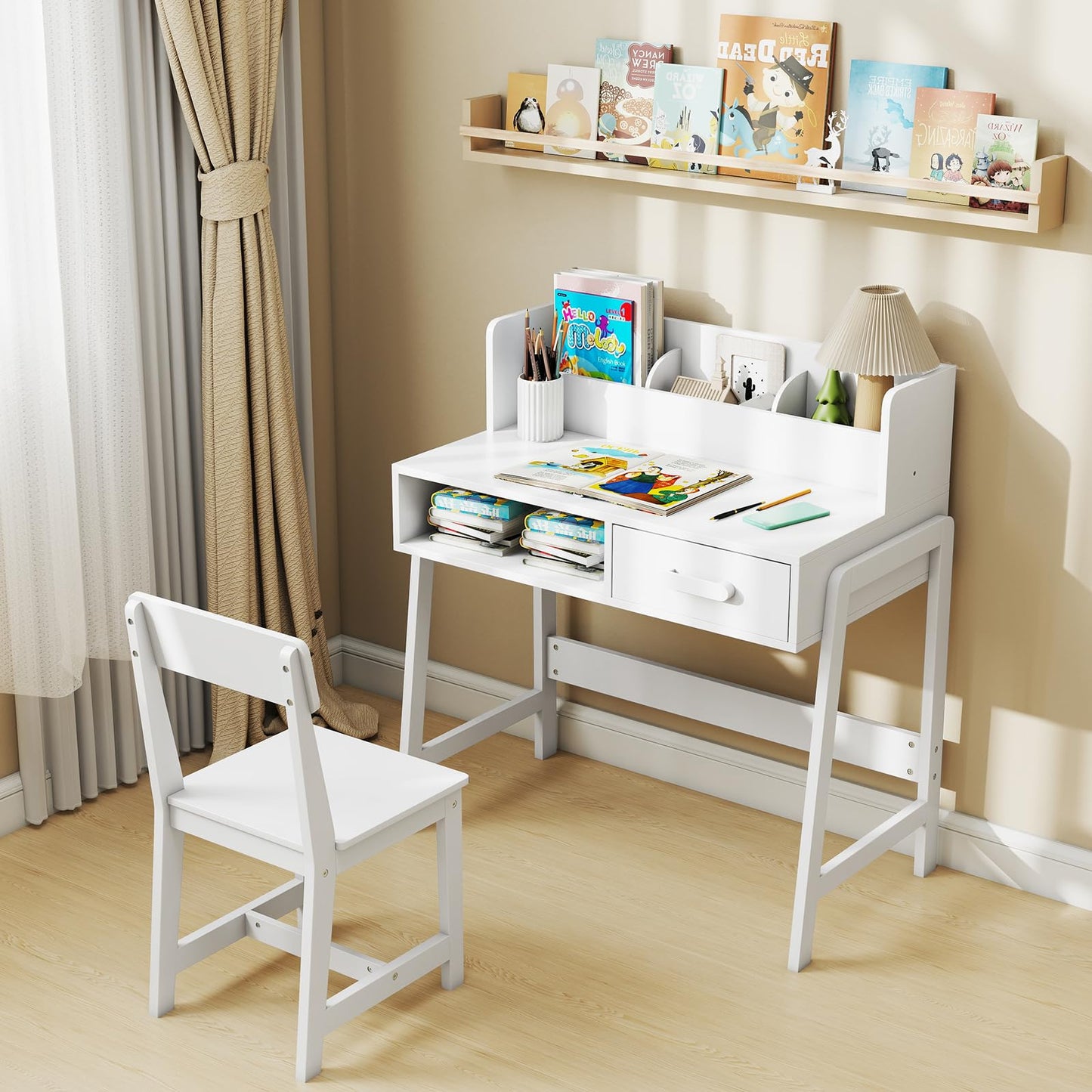 OLAKIDS Table and Chair Set, Toddler Wooden Student Study Desk with Chair Storage Hutch Compartments Drawers