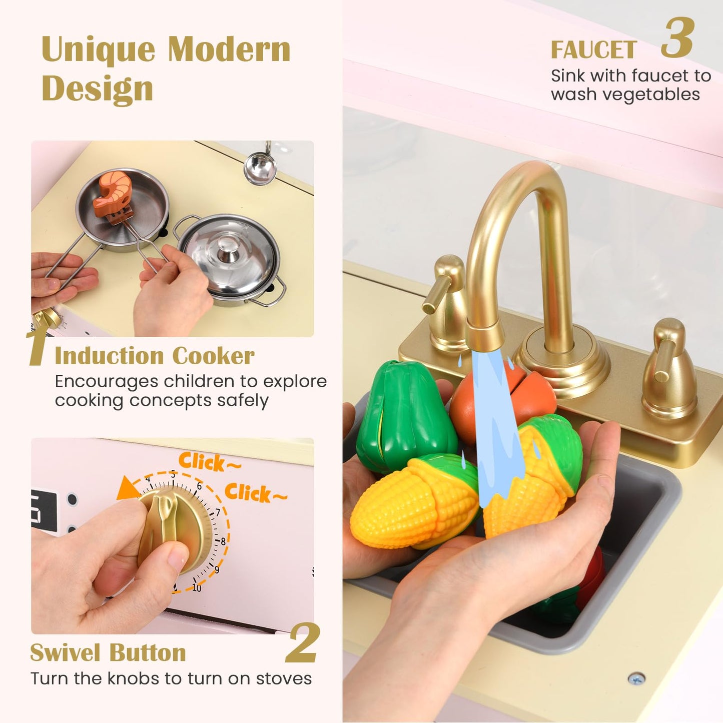 OLAKIDS Kids Kitchen Playset, Toddler Wooden Pretend Cooking Toy Set with Acrylic Drawing Board Ice Machine Dishwasher